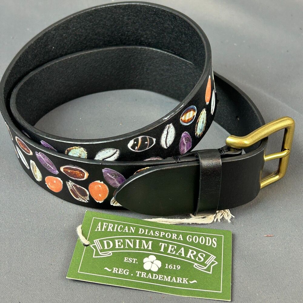 Denim Tears Leather 1.5" Black Leather Shell Print Belt Size S/M NWT
